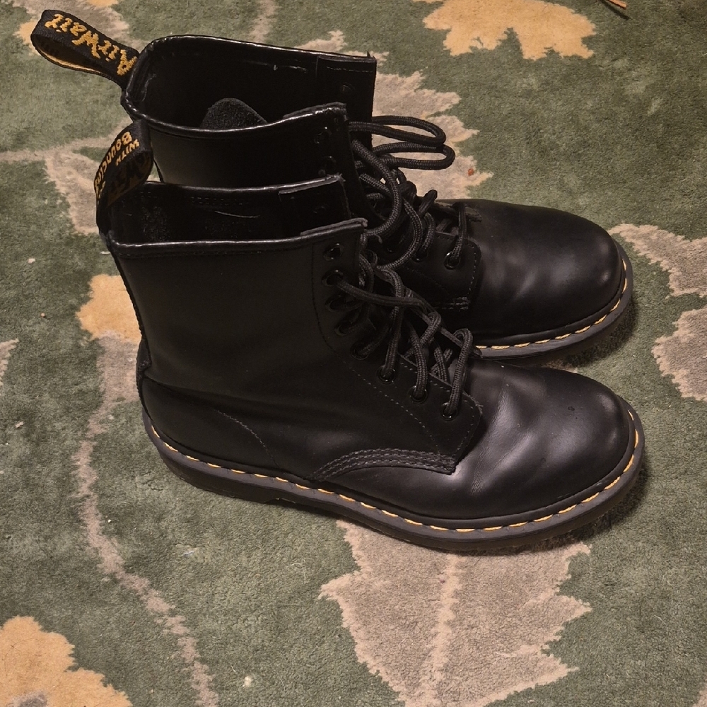 Dr. Martens Black Leather 8-Eye Lace-Up Boots with Yellow Stitching